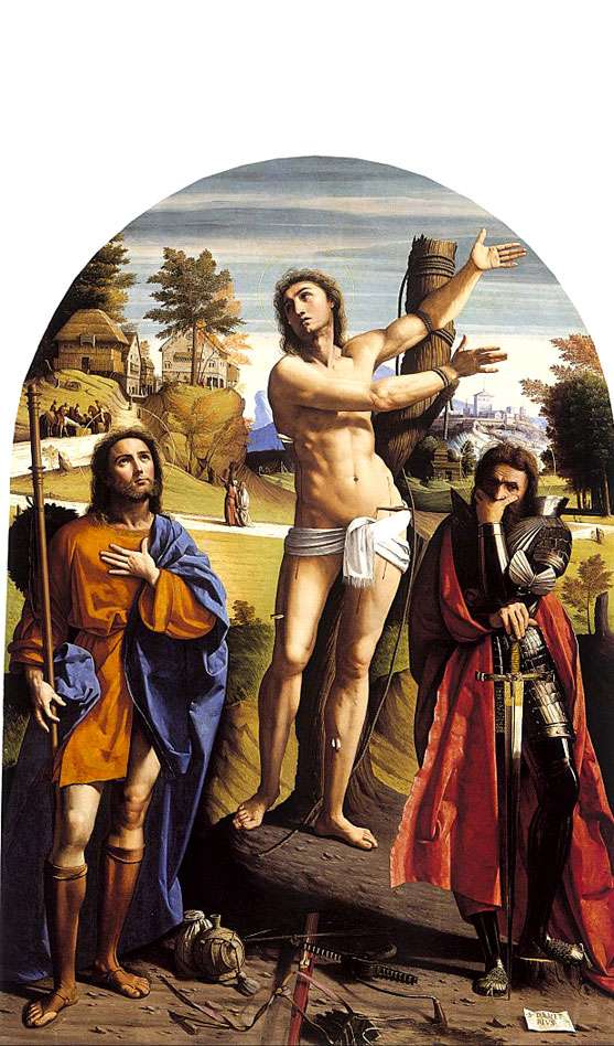 Fig. 8, Giovanni Battista Benvenuti detto Ortolano, I santi Sebastiano, Rocco e Demetrio, 1520 ca., Londra, National Gallery