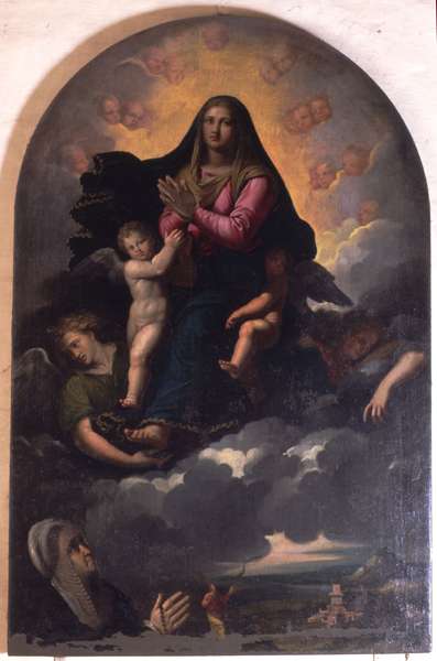 Fig. 4, Ippolito Scarsella detto Scarsellino (copia da Girolamo da Carpi), Madonna col Bambino e angeli che appare a Giulia Muzzarelli, 1608 ca., Ferrara, San Francesco, sesta cappella a sinistra