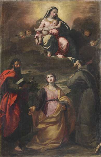 Fig. 16, Ippolito Scarsella detto Scarsellino, Madonna col Bambino e i santi Paolo, Lucia e Francesco, 1611 ca., Ferrara, San Domenico (in deposito presso Palazzo Arcivescovile)