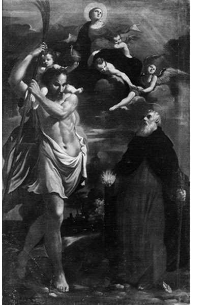 Fig. 17, Carlo Bononi, Madonna col Bambino tra le nubi e i santi Sebastiano e Antonio Abate, 1625 ca., Bologna, Museo di San Giuseppe