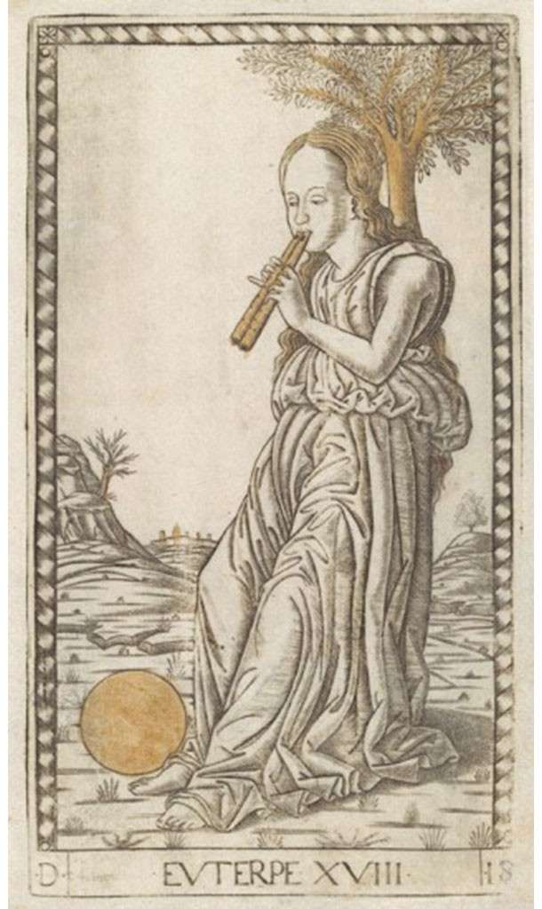 Fig. 4, Maestro E (Gherardo di Andrea Fiorini da Vicenza?), Euterpe, circa 1465, incisione, Hamburg, Hamburger Kunsthalle, Kupferstichkabinett (dai cosiddetti ‘Tarocchi del Mantegna’)