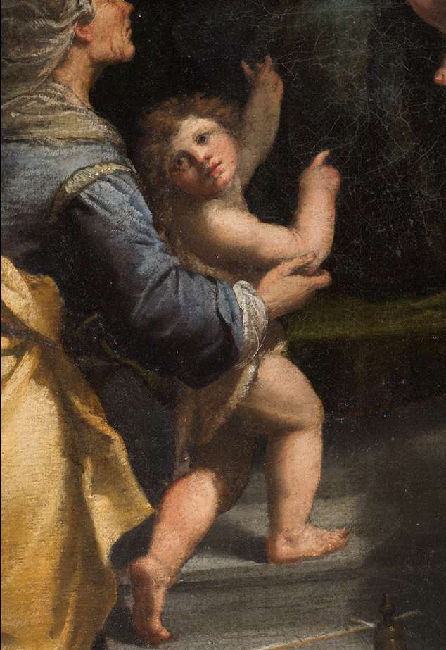 Fig. 4, Ippolito Scarsella detto Scarsellino, Madonna col Bambino e i santi Antonio Abate, Lucia, Giovannino ed Elisabetta, 1609 ca., Ferrara, Santa Chiara, particolare (in deposito presso Palazzo Arcivescovile)