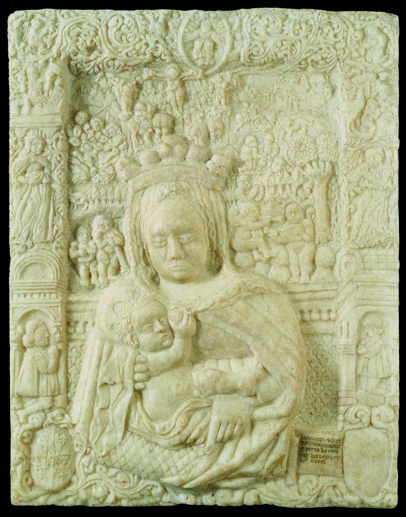 Fig. 1, Antonio di Pietro da Venezia, Madonna col Bambino, circa 1465 circa-1471, marmo, Ferrara, Museo della Cattedrale, inv. MC038