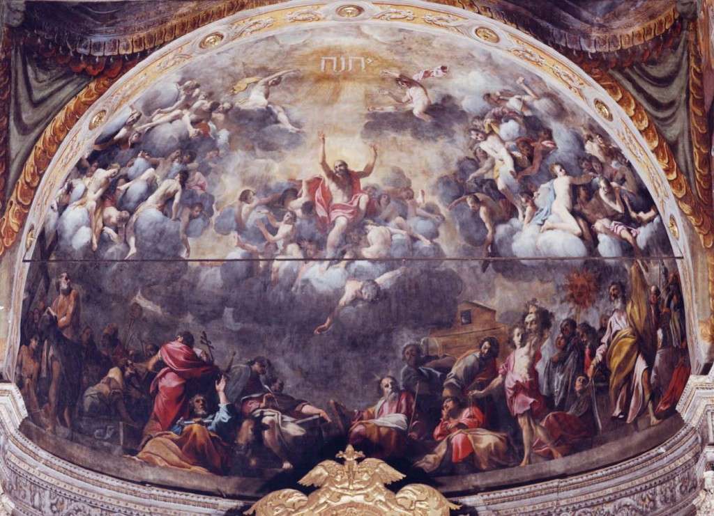 Fig. 9, Carlo Bononi, Esaltazione del nome di Gesù, 16016-20, Ferrara, Santa Maria in Vado, catino absidale