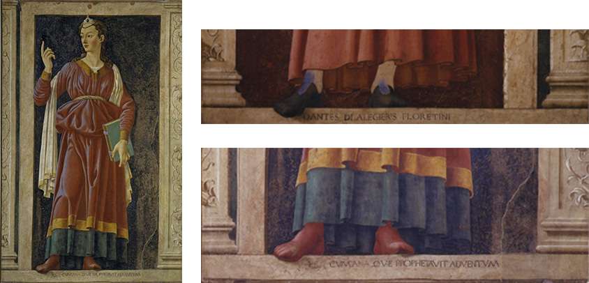 Fig. 16, Andrea del Castagno, Sibilla Cumana (a sinistra e in lato a destra), Dante Alighieri (particolare, in basso a destra), Firenze, Uffizi
