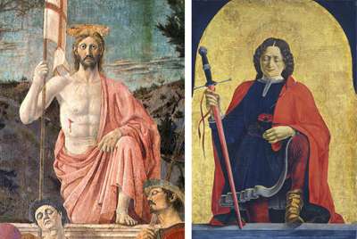 Fig. 25, Piero della Francesca, Resurrezione, Sansepolcro, Pinacoteca Comunale; Francesco del Cossa, San Floriano (in controparte), Washington, National Gallery of Art