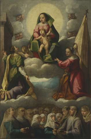 Fig. 1, G. Mazzuoli detto il Bastarolo, Madonna col Bambino in gloria fra le sante Orsola e Barbara venerata dalle Zitelle, 1588, Ferrara, Musei di Arte Antica, collezione Orfanotrofi