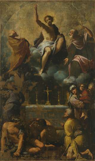 Fig. 2, Carlo (e Leonello?) Bononi, Cristo in gloria fra i santi Pietro e Paolo con mendicanti in preghiera, 1615-20, Ferrara, Musei di Arte Antica, collezione Orfanotrofi