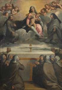 Fig. 3, Ippolito Scarsella, detto Scarsellino, Madonna col Bambino in gloria fra i santi Chiara, Francesco e le Cappuccine adoranti l’Eucarestia, 1609 ca., Ferrara, Santa Chiara