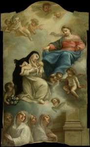 Fig. 5, Francesco Pellegrini, Madonna che consegna il Bambino a santa Rosa da Lima al cospetto delle Zitelle, 1759 ca., Ferrara, Musei di Arte Antica, collezione Orfanotrofi