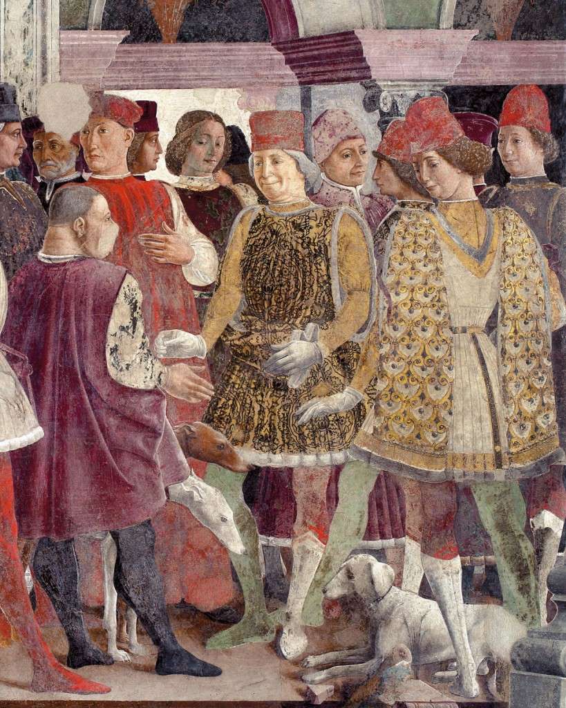 Fig. 23, Francesco del Cossa, Borso dona una moneta al buffone Scocola in presenza di Teofilo Calcagnini, 1469 circa, Ferrara, Palazzo Schifanoia, Salone dei Mesi, particolare di Aprile