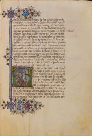 Fig. 3, T. Crivelli, Borso d’Este in adorazione del crocifisso, in Tommaso dai Liuti, Trattato del modo di ben governare, 1465 ca., Milano, Biblioteca Trivulziana, 86, c. 23r