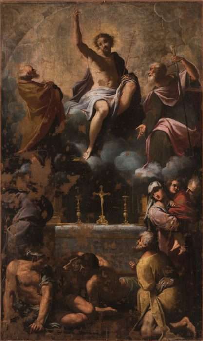 Fig. 10 - Carlo Bononi (1569? - 1632), Cristo in gloria tra i santi Pietro e Paolo venerati dai mendicanti, 1615-20, olio su tela, cm 340 x 200, Ferrara, ASP, in deposito presso i Musei di Arte Antica, inv. DOC63 (prima del restauro del 2018)