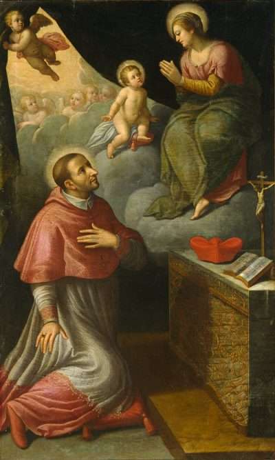 Fig. 11 - Jacopo Bambini (notizie 1588-1626), San Carlo Borromeo in adorazione della Beata Vergine di Reggio, c. 1620, olio su tela, cm 224 x 132, Ferrara, ASP, in deposito presso i Musei di Arte Antica, inv. DOC22
