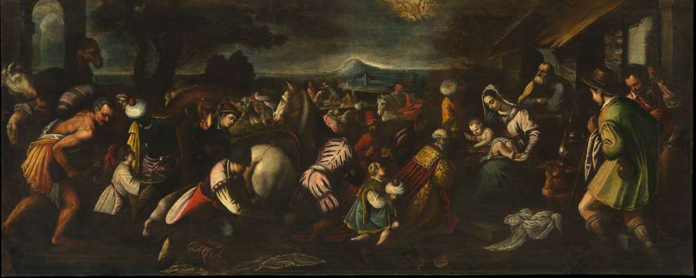Fig. 12 - Angelo Lion? (da Jacopo Bassano), Natività di Cristo con magi e pastori, c. 1590-1620, olio su tela, cm 97 x 242, Ferrara, ASP, in deposito presso i Musei di Arte Antica, inv. DOC16