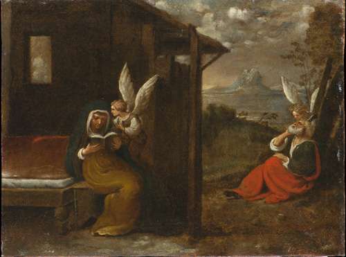 Fig. 13 - Giuseppe Caletti (c. 1600-1641), Annuncio degli angeli a Zaccaria ed Elisabetta, c. 1630, olio su tela, cm 51 x 68, Ferrara, ASP, in deposito presso i Musei di Arte Antica, inv. DOC69