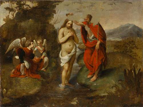 Fig. 14 - Giuseppe Caletti (c. 1600-1641), Battesimo di Cristo, c. 1630, olio su tela, cm 51 x 68, Ferrara, ASP, in deposito presso i Musei di Arte Antica, inv. DOC74