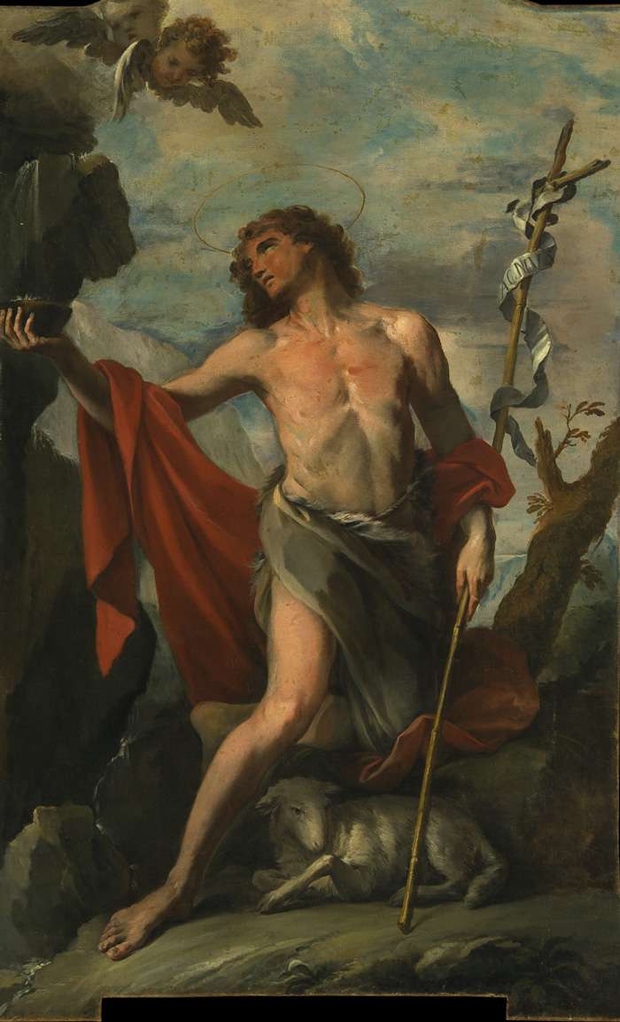 Fig. 17 - Giacomo Parolini (1663-1733), San Giovanni Battista alla fonte, post 1711, olio su tela, cm 297,5 x 185,5, Ferrara, ASP, in deposito presso i Musei di Arte Antica, inv. DOC87 (prima del restauro del 2018)