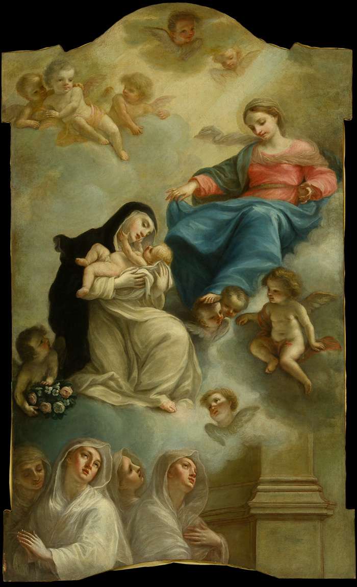 Fig. 18 - Francesco Pellegrini (1707-1799), Santa Rosa da Lima riceve il Bambino dalla Beata Vergine, 1758-60, olio su tela, cm 227,5 x 139,2, Ferrara, ASP, in deposito presso i Musei di Arte Antica, inv. DOC23