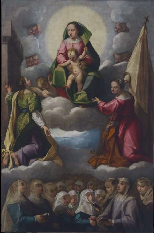 Fig. 6 - Giuseppe Mazzuoli detto Bastarolo (1535 - 1589), Madonna in gloria con le sante santa Barbara e Orsola venerate dalle zitelle, c. 1586, olio su tela, cm 304 x 200, Ferrara, ASP, in deposito presso i Musei di Arte Antica, inv. DOC90