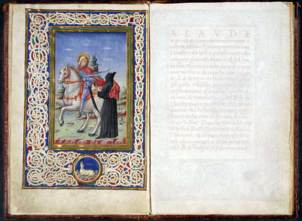 Fig. 2 - Ordinationi per la Scola de’ Poveri di San Martino di Ferrara, 1491-92, Ferrara, Biblioteca Comunale Ariostea, ms. Cl. I 346 (miniatura di Tommaso di Cesare da Basso da Modena)