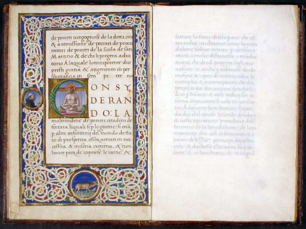 Fig. 3 - Ordinationi per la Scola de’ Poveri di San Martino di Ferrara, 1491-92, Ferrara, Biblioteca Comunale Ariostea, ms. Cl. I 346 (miniatura di Tommaso di Cesare da Basso da Modena)