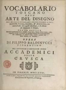 Fig. 1 - Frontespizio del Vocabolario toscano dell’arte del disegno (1691) di Filippo Baldinucci