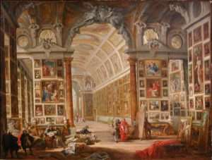 Fig. 7 - Giovanni Paolo Pannini, Veduta di una delle Gallerie della collezione del cardinal Silvio Valenti Gonzaga, 1749, Wadsworth Atheneum, Hartford (il grande quadro a destra è la Santa Margherita dell’Ortolano)