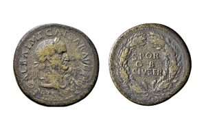 Fig. 2, Sesterzio di Galba con corona di quercia e S∙P∙Q∙R/O B/ CIV∙SER sul rovescio, Ferrara, Musei di Arte Antica, inv. NU4541