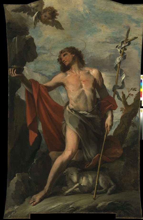 Fig. 1 - Giacomo Parolini (1663-1733), San Giovanni Battista alla fonte, 1710, olio su tela, cm 297,5 x 185,5, Ferrara, ASP, in deposito presso i Musei di Arte Antica, inv. DOC87 (prima del restauro del 2018)