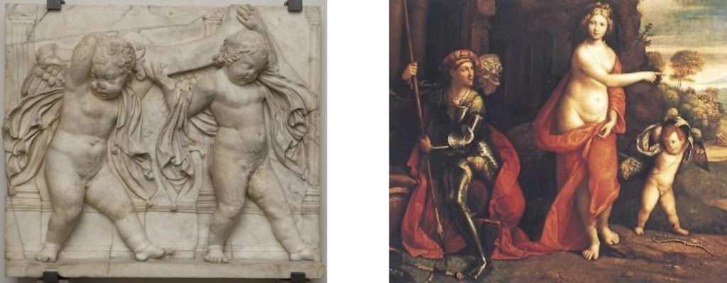 Fig. 1 – a sinistra: Arte romana, Trono di Santurno, I secolo d.C, Venezia, Museo Archeologico Nazionale; a destra: Garofalo, Venere ferita davanti a Troia chiedendo a Marte il suo carro, 1544 circa, Dresda, Staatliche Kunstsammlungen (part.)