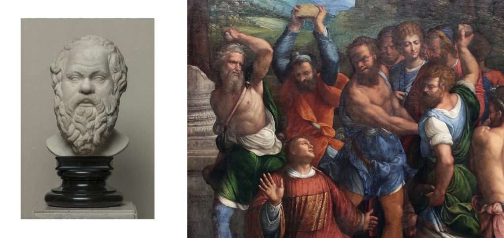 Fig. 2 – a sinistra: Arte romana, Testa di Socrate, II secolo d.C, San Pietroburgo, Museo dell’Ermitage; a destra: Garofalo, Lapidazione di Santo Stefano, 1540, Berlino, Staatliche Museen Preussischer Kulturbesitz, Gemäldegalerie (part.)