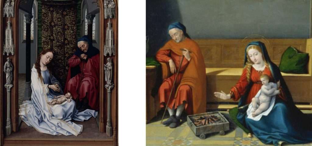 Fig. 3 – a sinistra: Rogier van der Weyden, Sacra Famiglia (dalla pala Miraflores), 1442-45, Berlino, Staatliche Museen Preussischer Kulturbesitz, Gemäldegalerie; a destra: Garofalo, Sacra Famiglia, 1510-15, Francoforte-sul-Meno, Städelsches Kunstinstitut (part.)