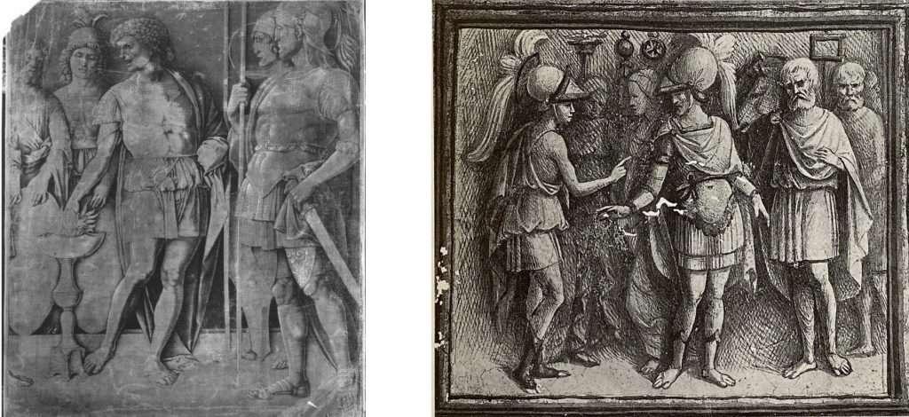 Fig. 4 – a sinistra: Andrea Mantegna (scuola), Muzio Scevola, 1490 circa, Monaco di Baviera, Alte Pinakothek; a destra: Garofalo, Scena romana, 1503-06, Ferrara, Palazzo Costabili, Sala del Tesoro