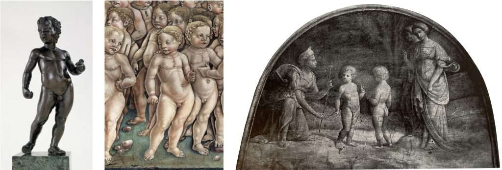 Fig. 5 – a sinistra: Anonimo (da Andrea Mantegna), Putto in piedi, 1480 circa, Houston, Museum of Fine Arts; al centro: Francesco del Cossa, Maggio, 1469 circa, Ferrara, Palazzo Schifanoia, Salone dei Mesi (part.); a destra: Garofalo, Venere e i due Amori, 1503-06, Ferrara, Palazzo Costabili, Sala del Tesoro