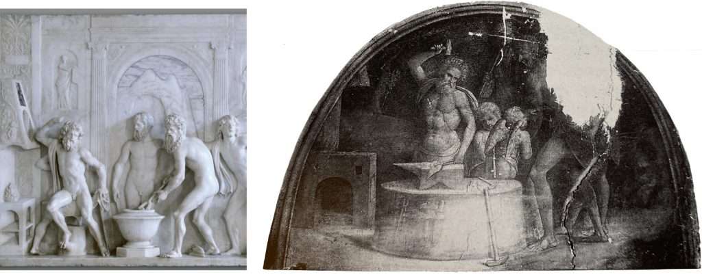 Fig. 6 – Antonio Lombardo, Fucina di Vulcano, 1515 circa, San Pietroburgo, Museo dell’Ermitage; a destra: Garofalo, I Ciclopidi forgiano le armi.. , 1503-06, Ferrara, Palazzo Costabili, Sala del Tesoro