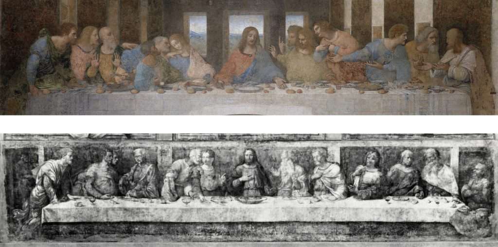 Fig. 7 – sopra: Leonardo, Ultima cena, 1494-98, Milano, Santa maria delle Grazie, refettorio; sotto: Garofalo, Ultima cena, 1544, Ferrara, Pinacoteca Nazionale