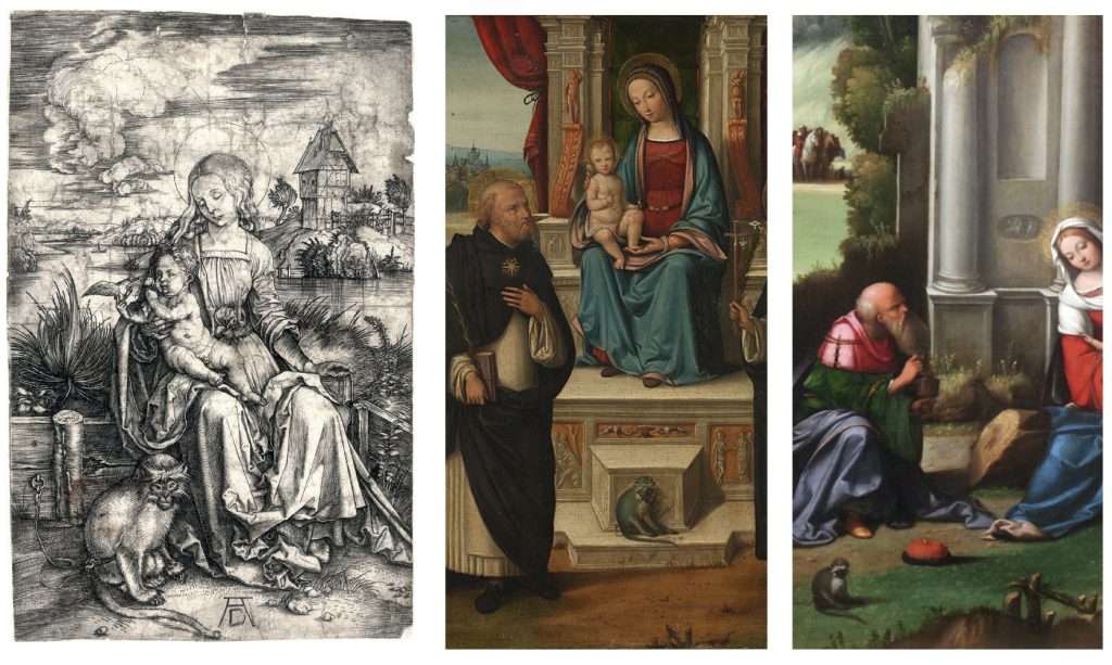 Fig. 8 – a sinistra: A. Dürer, Madonna della scimmia, 1498, incisione; al centro: Garofalo, Madonna e Bambino con i santi Domenico e Caterina da Siena, 1497 circa, Londra, The National Gallery (part.); a destra: Garofalo, Adorazione dei Magi, 1509-12, Berlino, Staatliche Museen Preussischer Kulturbesitz, della Gemäldegalerie (part.)