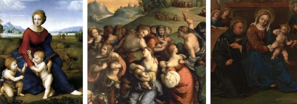 Fig. 9 – a sinistra: Raffaello, Madonna del Belvedere, 1506, Vienna, Kusthistorisches Museum; al centro: Garofalo, Strage degli innocenti, 1519, Ferrara, Pinacoteca Nazionale (part.); a destra: L. Mazzolino, Sacra Famiglia con san Nicola da Tolentino, la Trinità e angeli, 1520, Londra, The National Gallery (part.)