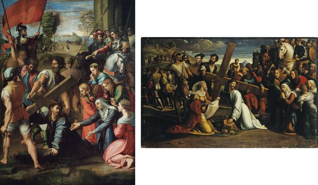 Fig. 10 – a sinistra: Raffaello, Spasmo di Sicilia, 1517 circa, Madrid, Museo del Prado; a destra: Garofalo, Andata al Calvario (Santa Veronica), 1528-31, San Pietroburgo, Museo dell’Ermitage