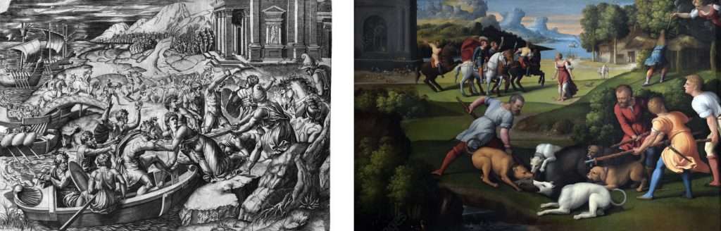 Fig. 11 – a sinistra: M. Raimondi, Ratto di Elena, 1515 circa, incisione; a destra: Garofalo, Trasformazione di Pico in picchio, 1527 circa, Roma, Galleria Nazionale d’Arte Antica di Palazzo Barberini (part.)
