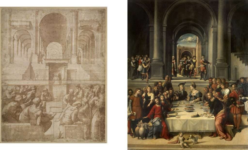 Fig. 12, a sinistra Parmigianino (attribuito), Cristo tra i dottori, 1520-25 circa, Londra, British Museum, inv. 1857,0520.63; a destra Garofalo, Nozze di Cana, 1531, San Pietroburgo, Museo dell’Ermitage