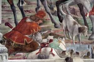 Francesco del Cossa, Marzo (particolare del registro inferiore), 1469 circa, dipinto murale, Ferrara, Palazzo Schifanoia, Salone dei Mesi