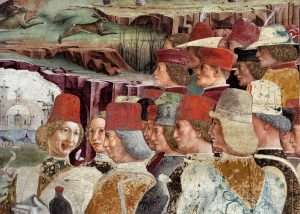 Francesco del Cossa, Marzo (particolare del registro inferiore), 1469 circa, dipinto murale, Ferrara, Palazzo Schifanoia, Salone dei Mesi
