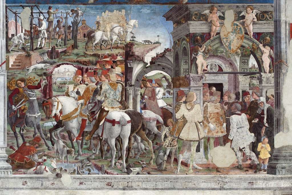 Francesco del Cossa, Marzo (particolare del registro inferiore), 1469 circa, dipinto murale, Ferrara, Palazzo Schifanoia, Salone dei Mesi