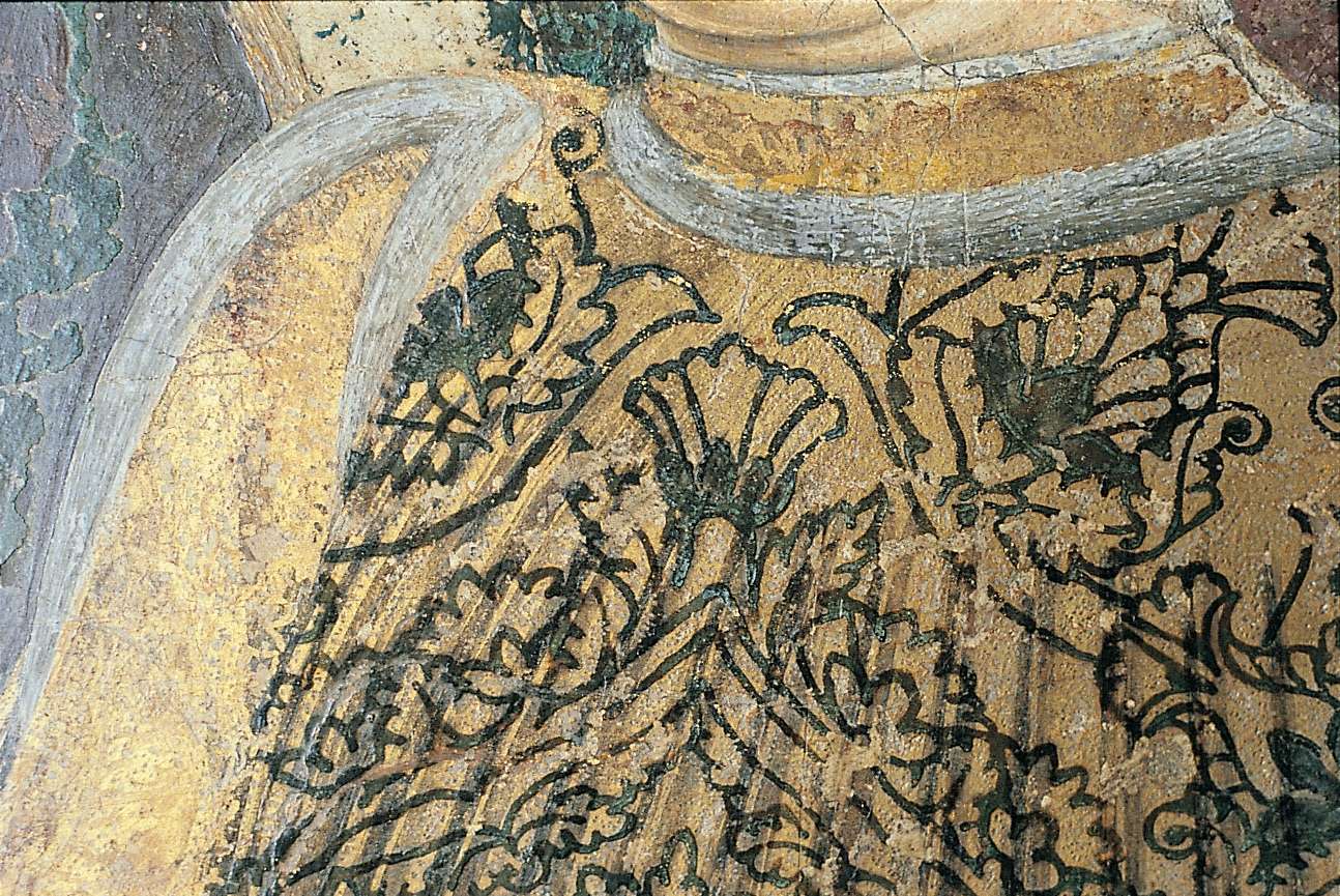 Francesco del Cossa, Aprile registro inferiore (part. della veste di Borso), 1469 circa, dipinto murale, Ferrara, Palazzo Schifanoia, Salone dei Mesi