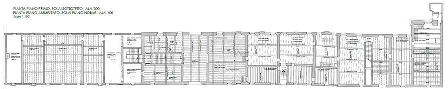 Fig. 2 - Rilievo: planimetria delle strutture del piano nobile (Palazzo Schifanoia, prima degli interventi)